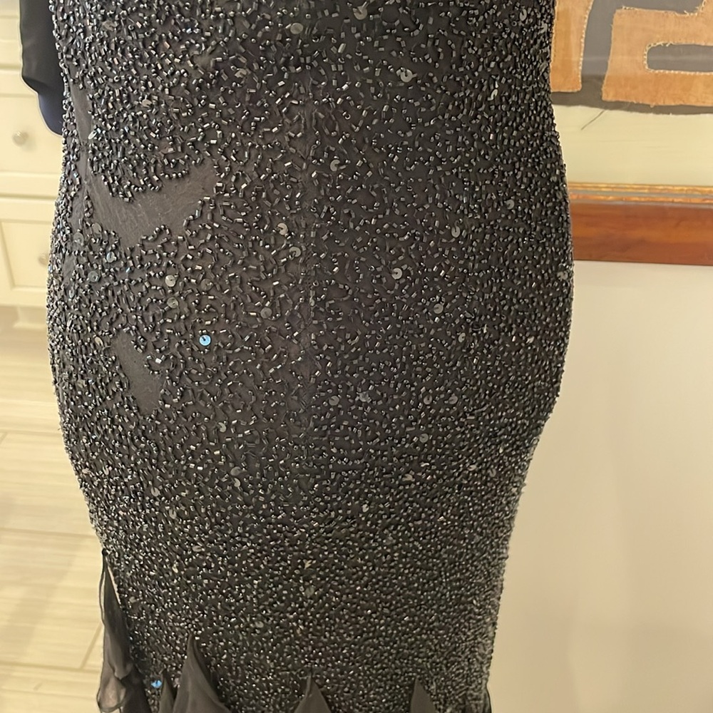 White House Black Market Black Beaded 100% Silk Asymmetrical Cocktail Dress - Picture 10 of 11